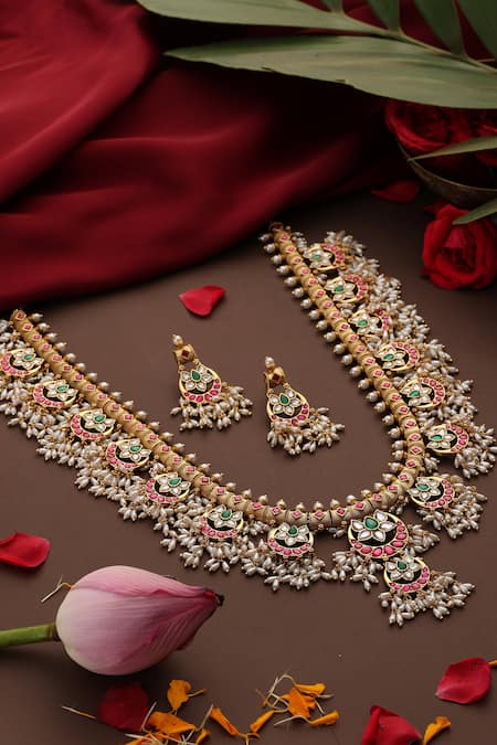 Swabhimann_Multi Color Pearls, Stones, Beads Multicolor Gold Plated Jadau Long Necklace Set_Online_at_Aza_Fashions