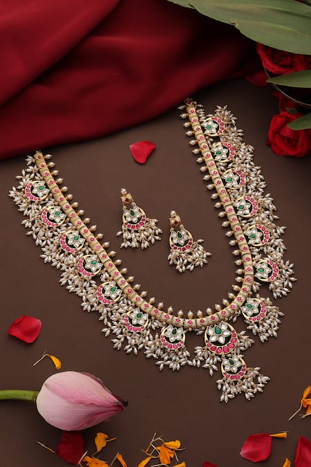 Shop_Swabhimann_Multi Color Pearls, Stones, Beads Multicolor Gold Plated Jadau Long Necklace Set_at_Aza_Fashions