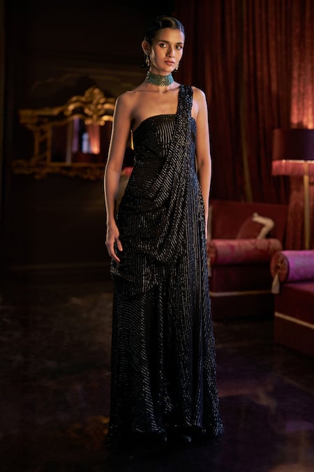 Dash And Dot_Black Polyester Sequins One Shoulder Saree Gown _Online_at_Aza_Fashions