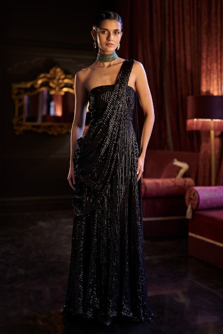 Buy_Dash And Dot_Black Polyester Sequins One Shoulder Saree Gown _Online_at_Aza_Fashions