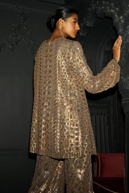 Shop Dash And Dot Gold Viscose Sequins Straight Pant at Aza Fashions Shop_Dash And Dot_Gold Viscose Sequins Straight Pant _at_Aza_Fashions