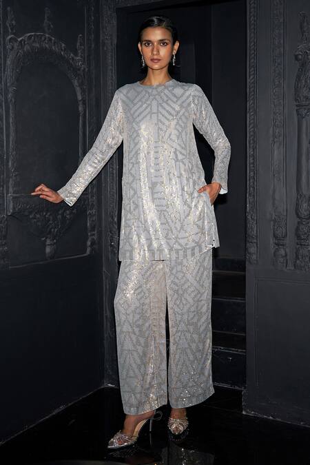 Shop_Dash And Dot_Silver Viscose Sequins Geometric Embroidered Pant _Online_at_Aza_Fashions