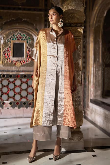 Dash And Dot_Gold Silk Collared, Button-down Neck Zari Striped Kaftan Kurta _Online_at_Aza_Fashions