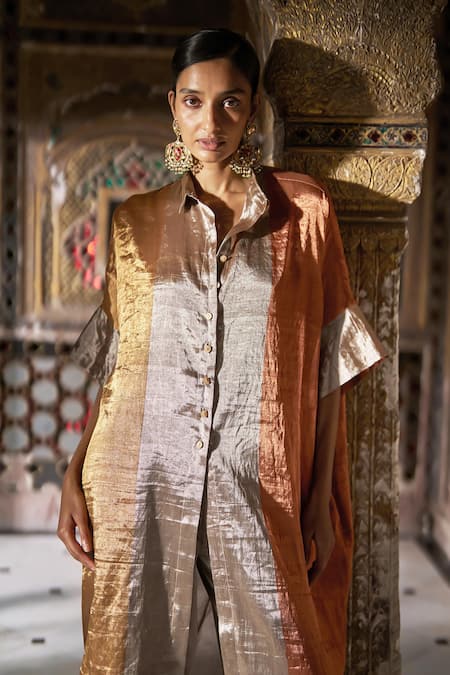 Shop_Dash And Dot_Gold Silk Collared, Button-down Neck Zari Striped Kaftan Kurta _Online_at_Aza_Fashions