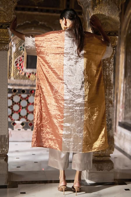 Dash And Dot_Gold Silk Collared, Button-down Neck Zari Striped Kaftan Kurta _at_Aza_Fashions