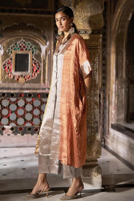 Buy_Dash And Dot_Gold Silk, Lurex, Polyester Zari Collared, Multi Striped Kurta And Pant Set _Online_at_Aza_Fashions