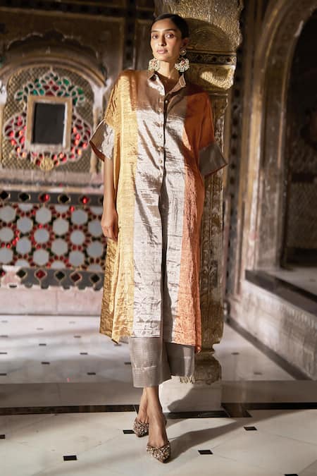 Shop_Dash And Dot_Gold Silk, Lurex, Polyester Zari Collared, Multi Striped Kurta And Pant Set _Online_at_Aza_Fashions