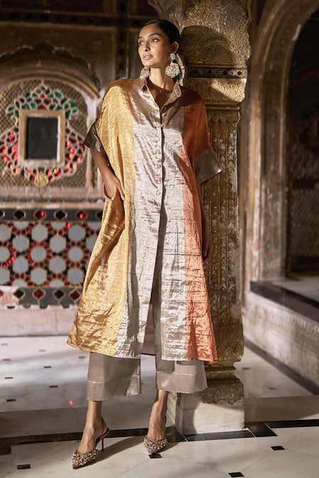 Buy_Dash And Dot_Gold Silk, Lurex, Polyester Zari Collared, Multi Striped Kurta And Pant Set 