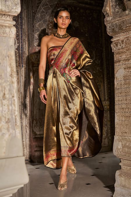 Dash And Dot_Multi Color Brocade, Silk Embroidery, Zari Bandeau Neck Benares Saree Gown _Online_at_Aza_Fashions