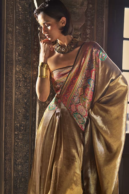 Buy_Dash And Dot_Multi Color Brocade, Silk Embroidery, Zari Bandeau Neck Benares Saree Gown _Online_at_Aza_Fashions