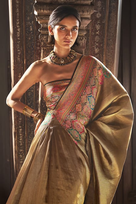 Shop_Dash And Dot_Multi Color Brocade, Silk Embroidery, Zari Bandeau Neck Benares Saree Gown _Online_at_Aza_Fashions
