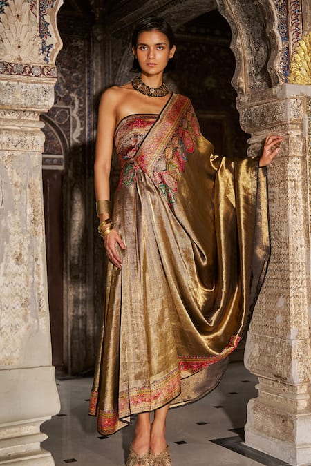 Dash And Dot_Multi Color Brocade, Silk Embroidery, Zari Bandeau Neck Benares Saree Gown _at_Aza_Fashions