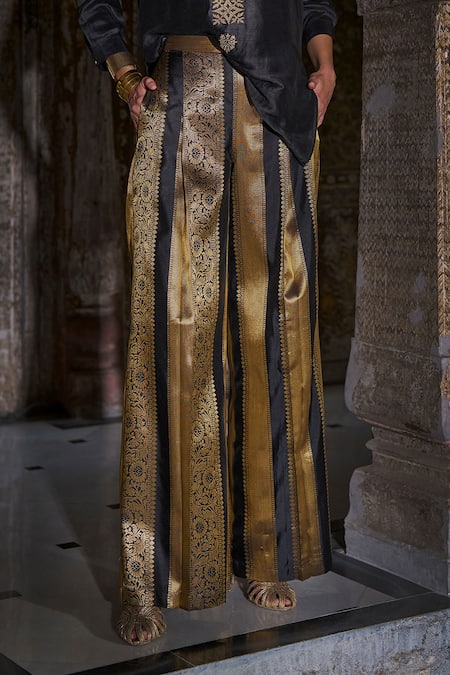 Dash And Dot_Black Brocade, Silk Benares Striped Pant _Online_at_Aza_Fashions