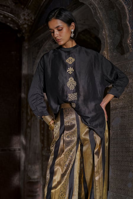 Dash And Dot_Black Viscose, Brocade, Silk Embroidery, Zari Organic Shirt With Striped Pant _Online_at_Aza_Fashions