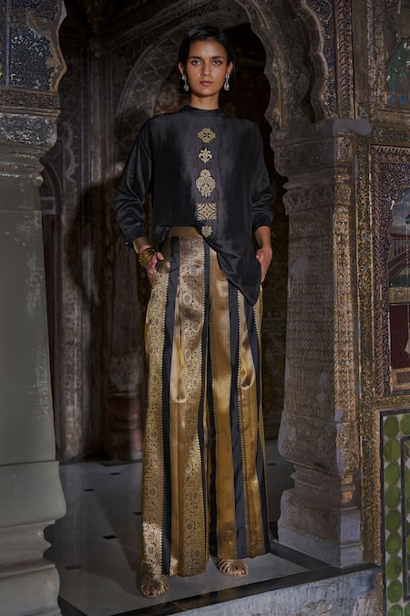 Shop_Dash And Dot_Black Viscose, Brocade, Silk Embroidery, Zari Organic Shirt With Striped Pant _Online_at_Aza_Fashions