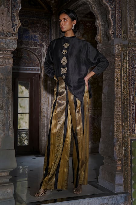 Dash And Dot_Black Viscose, Brocade, Silk Embroidery, Zari Organic Shirt With Striped Pant _at_Aza_Fashions