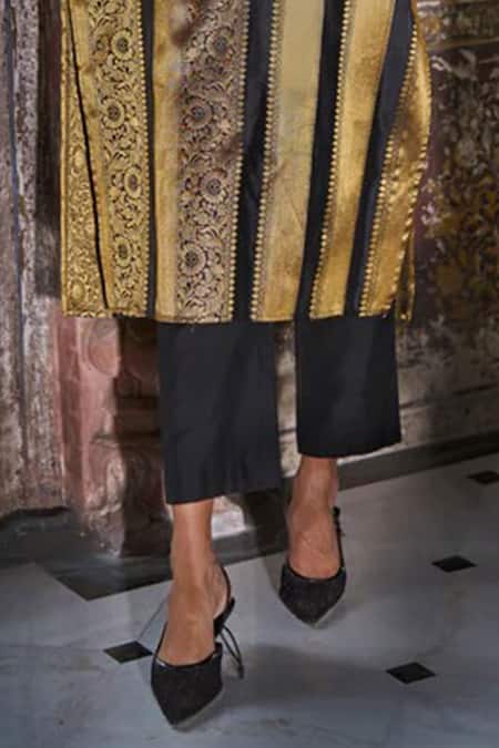 Dash And Dot_Black Brocade, Silk, Viscose Collared Benares Striped Kurta And Pant Set _Online_at_Aza_Fashions