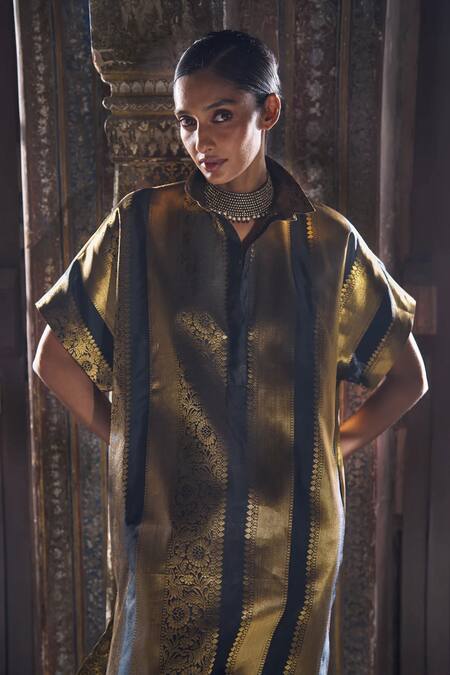 Shop_Dash And Dot_Black Brocade, Silk, Viscose Collared Benares Striped Kurta And Pant Set _Online_at_Aza_Fashions