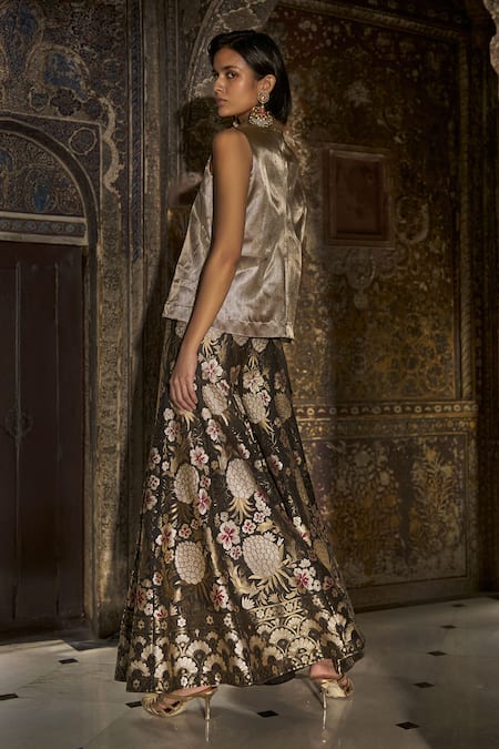 Shop_Dash And Dot_Black Brocade, Viscose Embroidery Flared Pant _at_Aza_Fashions