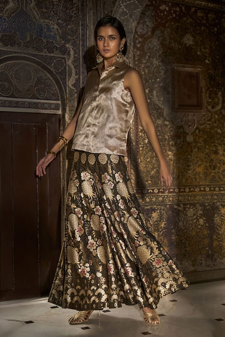 Dash And Dot_Black Brocade, Viscose Embroidery Flared Pant _Online_at_Aza_Fashions