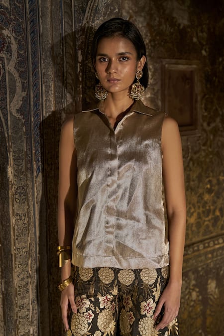 Shop_Dash And Dot_Beige Polyester, Brocade, Silk Zari Collared Sleeveless Shirt And Pant Set _Online_at_Aza_Fashions
