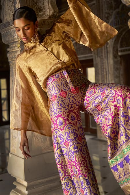 Dash And Dot_Gold Silk Collared, Button-down Neck Zari Wide Sleeve Shirt _Online_at_Aza_Fashions