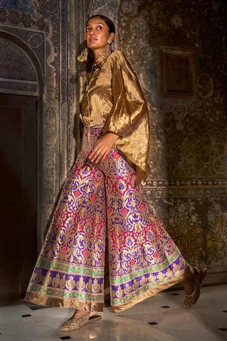 Dash And Dot_Magenta Brocade Zari Benares Silk Patterned Pant _Online_at_Aza_Fashions