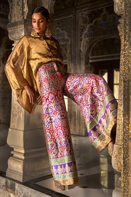Buy_Dash And Dot_Magenta Brocade Zari Benares Silk Patterned Pant _Online_at_Aza_Fashions