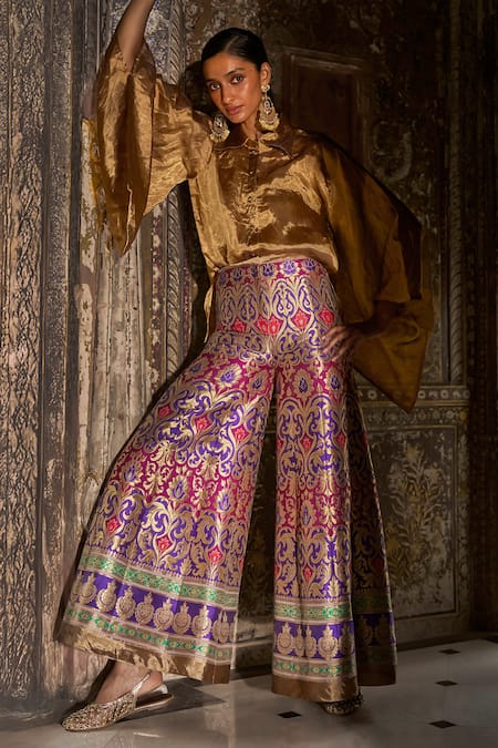 Shop_Dash And Dot_Magenta Brocade Zari Benares Silk Patterned Pant _Online_at_Aza_Fashions