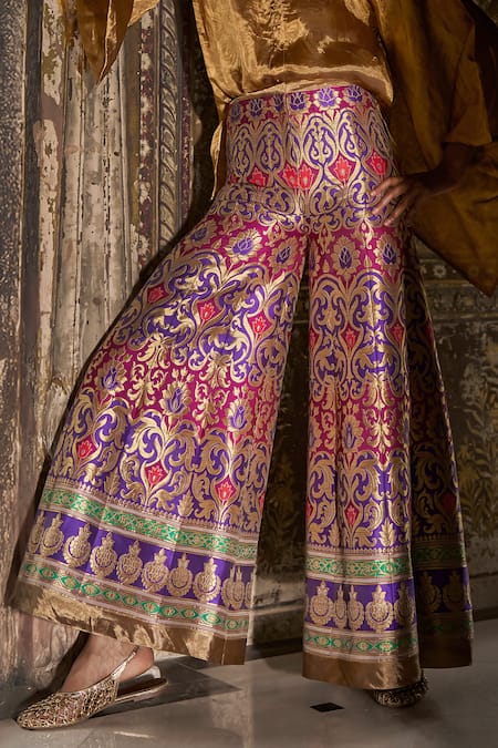 Dash And Dot_Magenta Brocade Zari Benares Silk Patterned Pant _at_Aza_Fashions