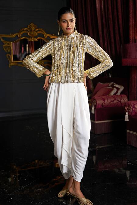 Buy_Dash And Dot_Silver Polyester High Neck, Mandarin Collar Textured Full Sleeve Jacket _Online_at_Aza_Fashions