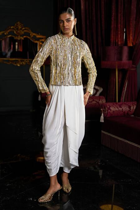 Dash And Dot_Silver Polyester High Neck, Mandarin Collar Textured Full Sleeve Jacket _at_Aza_Fashions