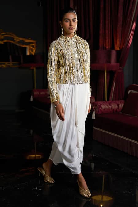 Buy_Dash And Dot_Ivory Viscose Asymmetric Draped Pant _Online_at_Aza_Fashions