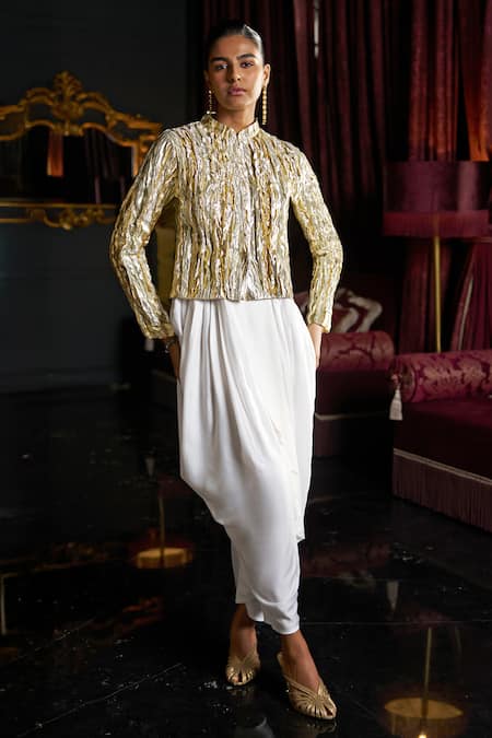 Shop_Dash And Dot_Ivory Viscose Asymmetric Draped Pant _Online_at_Aza_Fashions