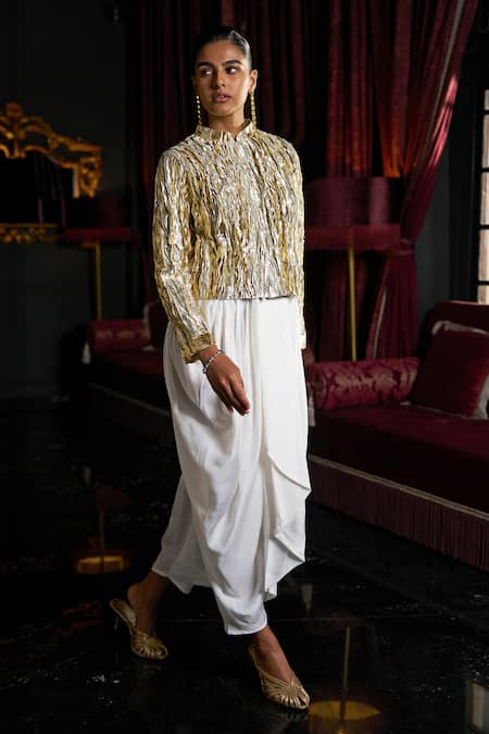 Dash And Dot_Silver Polyester, Viscose High Neck Textured Jacket And Draped Pant Set _Online_at_Aza_Fashions