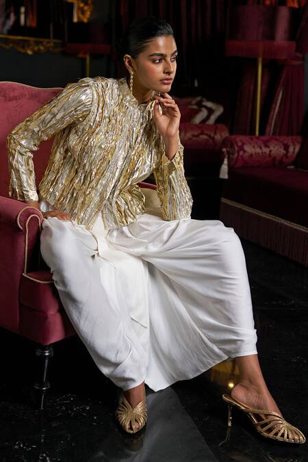 Buy_Dash And Dot_Silver Polyester, Viscose High Neck Textured Jacket And Draped Pant Set _Online_at_Aza_Fashions