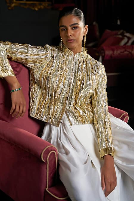 Shop_Dash And Dot_Silver Polyester, Viscose High Neck Textured Jacket And Draped Pant Set _Online_at_Aza_Fashions