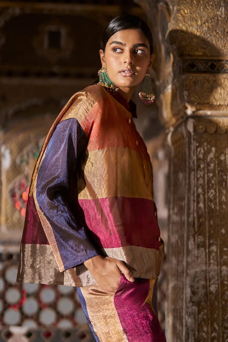 Buy Dash And Dot Multi Color Silk Mandarin Collar Zari Striped Shirt Online at Aza Fashions Buy_Dash And Dot_Multi Color Silk Mandarin Collar Zari Striped Shirt _Online_at_Aza_Fashions