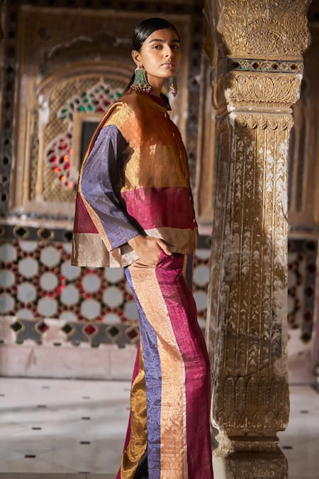 Shop Dash And Dot Multi Color Silk Mandarin Collar Zari Striped Shirt Online at Aza Fashions Shop_Dash And Dot_Multi Color Silk Mandarin Collar Zari Striped Shirt _Online_at_Aza_Fashions