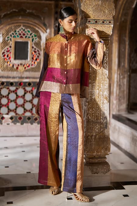 Buy Dash And Dot Gold Silk, Viscose Multi Zari And Striped Pant Online at Aza Fashions Buy_Dash And Dot_Gold Silk, Viscose Multi Zari And Striped Pant _Online_at_Aza_Fashions