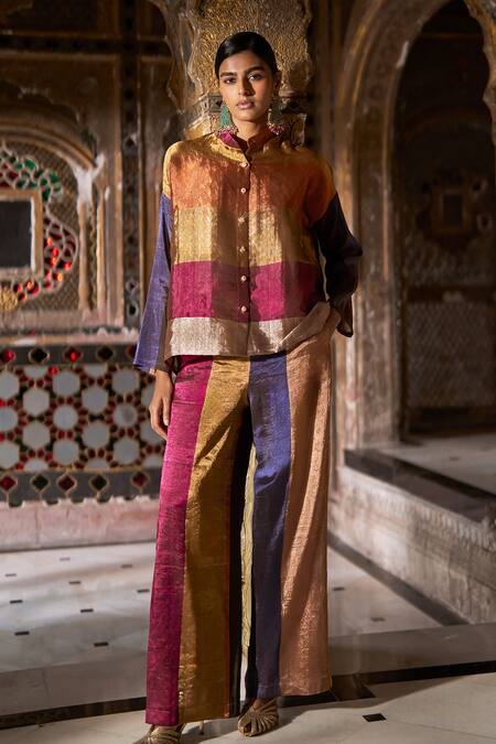 Shop Dash And Dot Gold Silk, Viscose Multi Zari And Striped Pant Online at Aza Fashions Shop_Dash And Dot_Gold Silk, Viscose Multi Zari And Striped Pant _Online_at_Aza_Fashions
