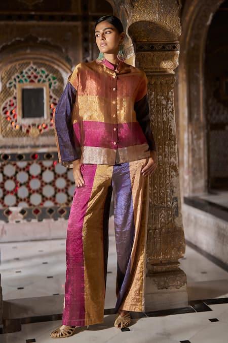 Dash And Dot Gold Silk, Viscose Multi Zari And Striped Pant at Aza Fashions Dash And Dot_Gold Silk, Viscose Multi Zari And Striped Pant _at_Aza_Fashions