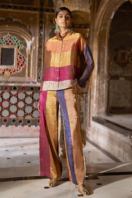 Buy_Dash And Dot_Multi Color Silk Collared Striped Zari Shirt And Pant Set _Online_at_Aza_Fashions