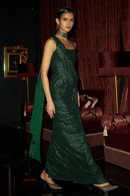 Buy_Dash And Dot_Emerald Green Polyester Sequins Square Neck Shimmer Finish Draped Gown _Online_at_Aza_Fashions