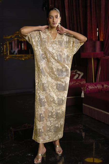 Dash And Dot_Brown Polyester Sequins, Embroidery V-neck Floral And Geometric Kaftan _Online_at_Aza_Fashions