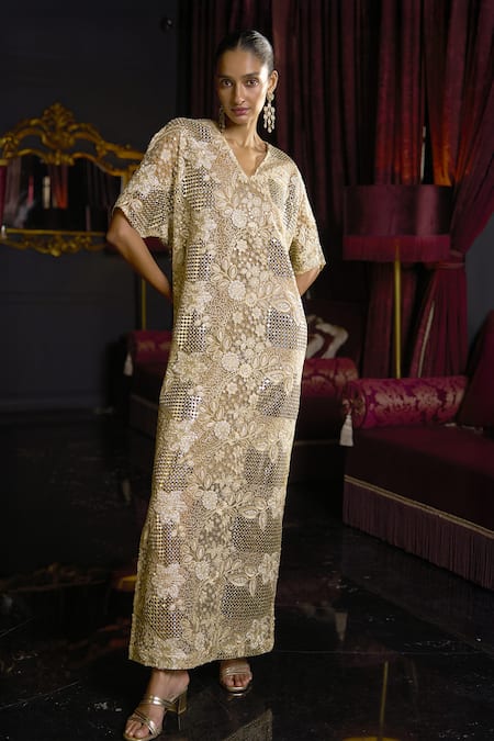 Buy_Dash And Dot_Brown Polyester Sequins, Embroidery V-neck Floral And Geometric Kaftan _Online_at_Aza_Fashions