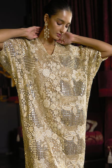 Dash And Dot_Brown Polyester Sequins, Embroidery V-neck Floral And Geometric Kaftan _at_Aza_Fashions