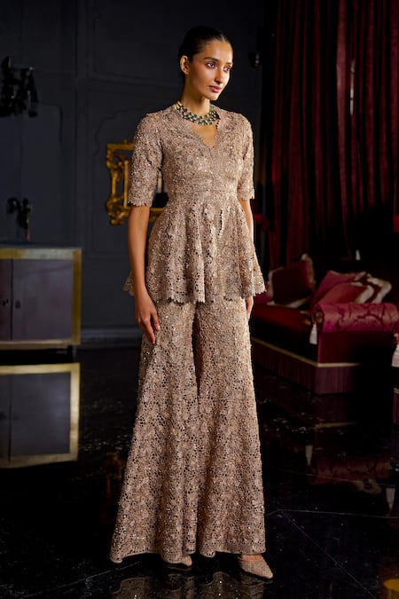 Buy Dash And Dot Brown Polyester Sequins, Embroidery V-neck Peplum Scallop Trimmed Tunic Online at Aza Fashions Buy_Dash And Dot_Brown Polyester Sequins, Embroidery V-neck Peplum Scallop Trimmed Tunic _Online_at_Aza_Fashions