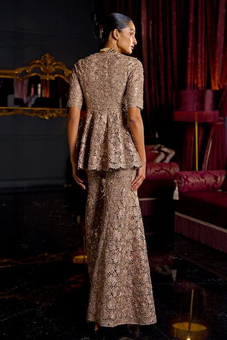 Shop Dash And Dot Brown Polyester Sequins, Embroidery Floral Pattern Flared Pant at Aza Fashions Shop_Dash And Dot_Brown Polyester Sequins, Embroidery Floral Pattern Flared Pant _at_Aza_Fashions