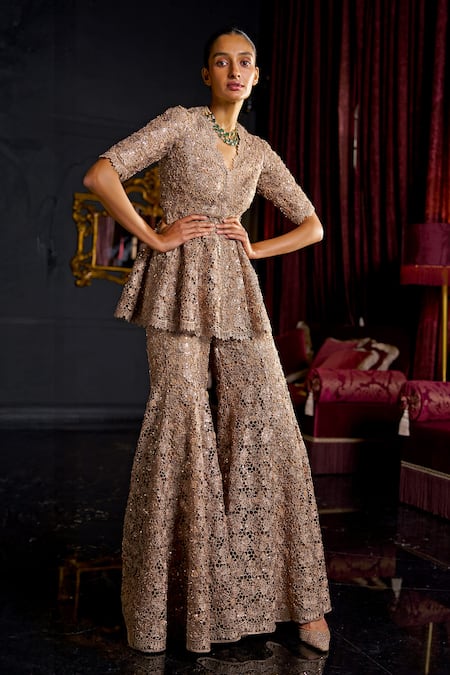 Buy Dash And Dot Brown Polyester Sequins, Embroidery Floral Pattern Flared Pant Online at Aza Fashions Buy_Dash And Dot_Brown Polyester Sequins, Embroidery Floral Pattern Flared Pant _Online_at_Aza_Fashions